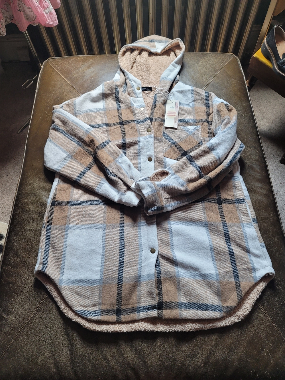 Plaid Sherpa-Lined Utility Hoodie Jacket - Blue & Tan